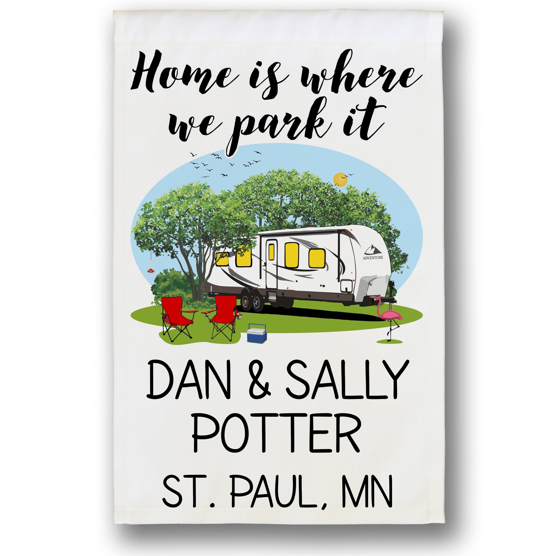 Home is Where We Park It Personalized Camping Flag with Travel Trailer