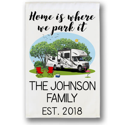 Home is Where We Park It Personalized Camping Flag with Class C Motorhome