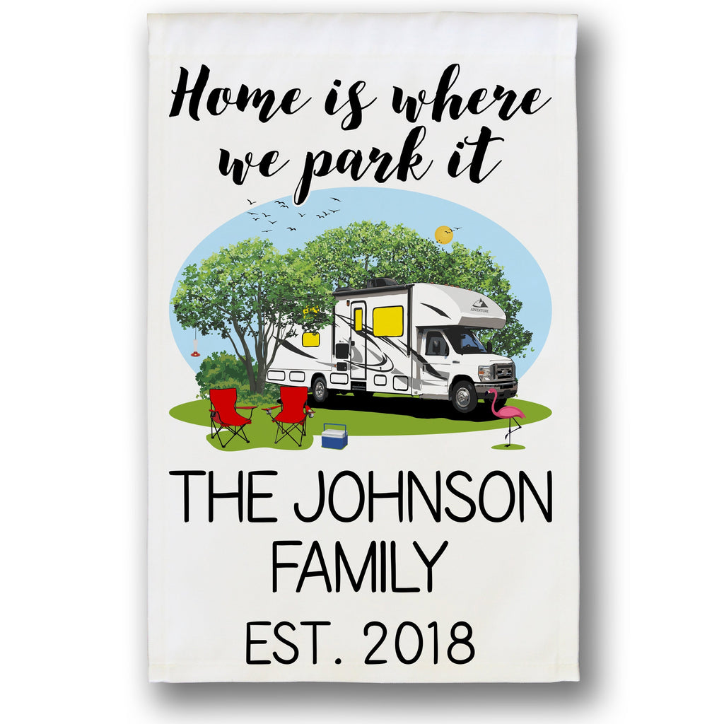 Home is Where We Park It Personalized Camping Flag with Class C Motorhome