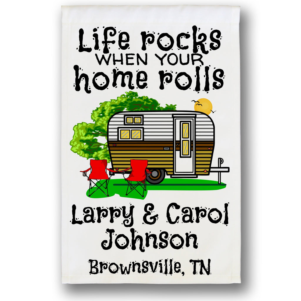 Life Rocks When Your Home Rolls Personalized Camping Flag with Travel Trailer