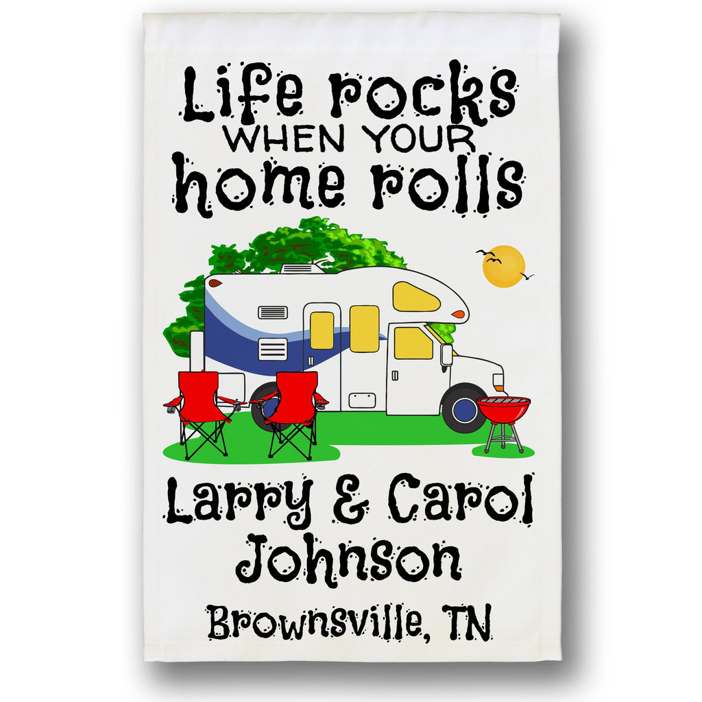 Life Rocks When Your Home Rolls Personalized Camping Flag with Class C Motorhome