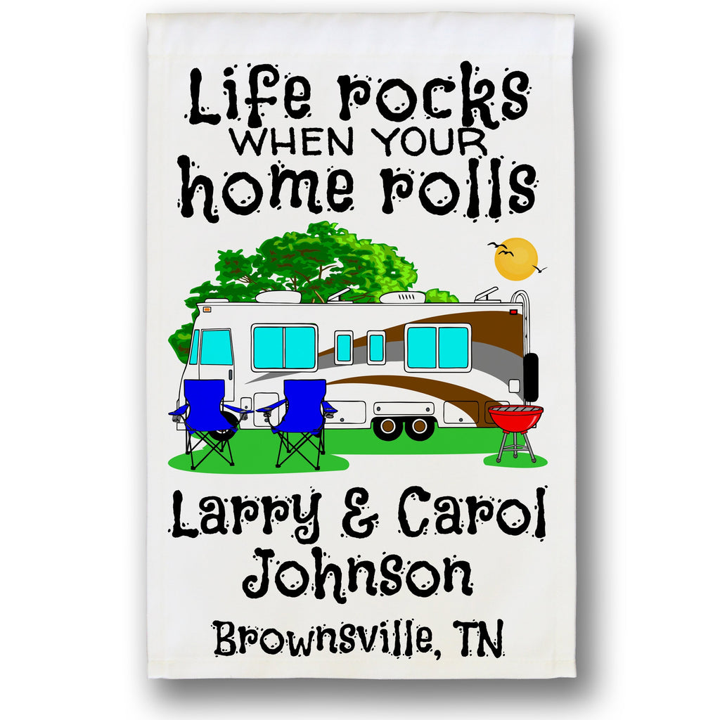 Life Rocks When Your Home Rolls Personalized Camping Flag with Class A Motorhome