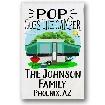 Pop Goes the Camper Personalized Camping Flag with Pop-Up Camper or A-Frame on White Fabric