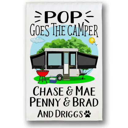 Pop Goes the Camper Personalized Camping Flag with Pop-Up Camper or A-Frame on White Fabric