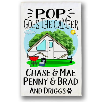 Pop Goes the Camper Personalized Camping Flag with Pop-Up Camper or A-Frame on White Fabric