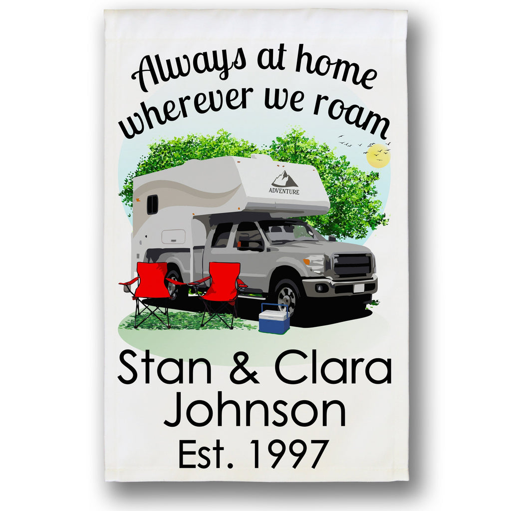 Always at Home Wherever We Roam Personalized Camping Flag With Truck and Camper