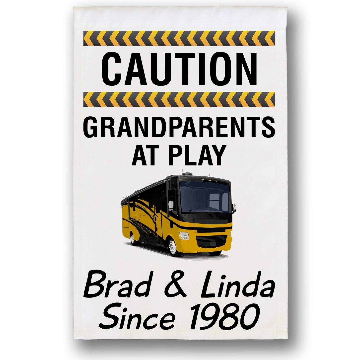 Caution Grandparents at Play Personalized Camping Flag with Class A Motorhome