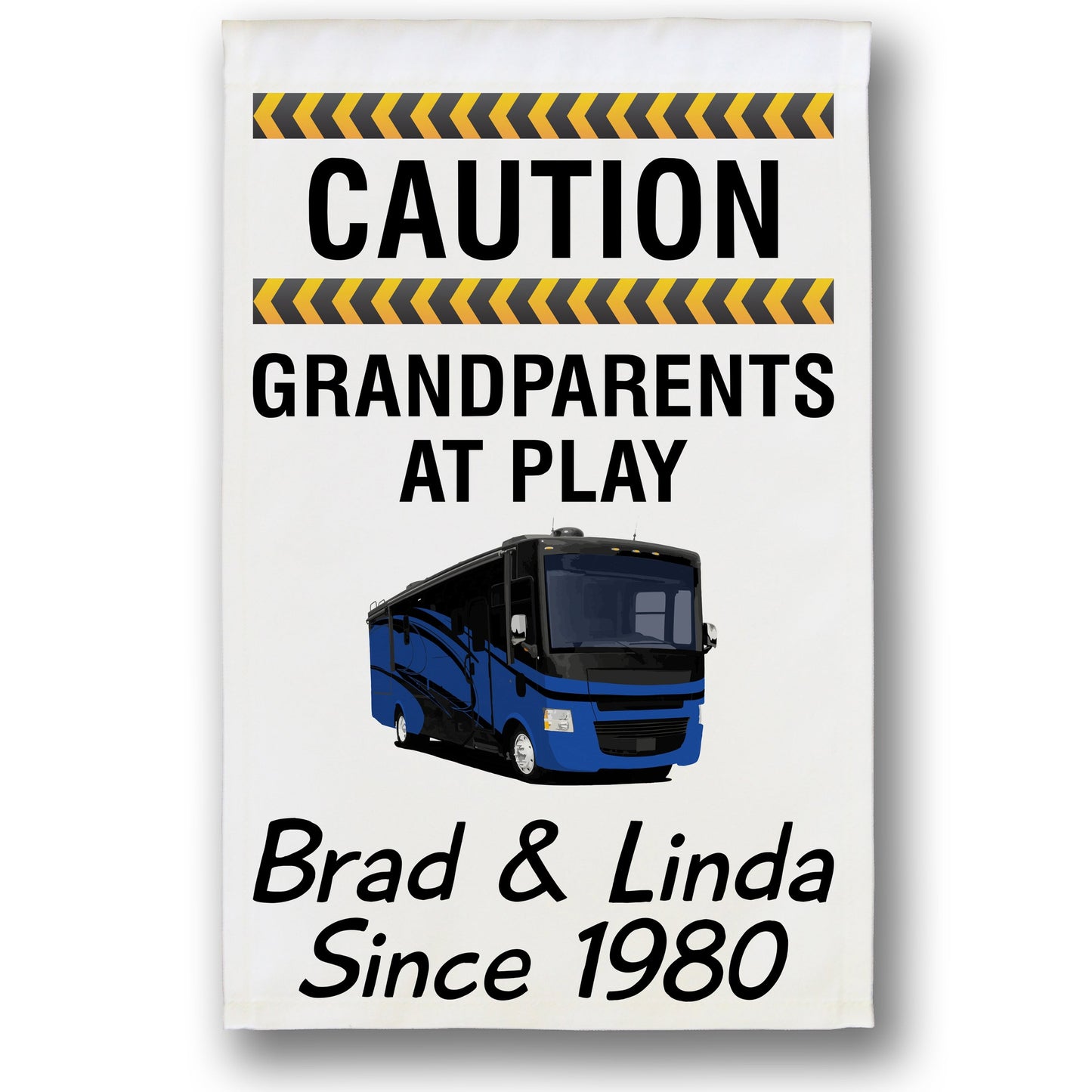 Caution Grandparents at Play Personalized Camping Flag with Class A Motorhome