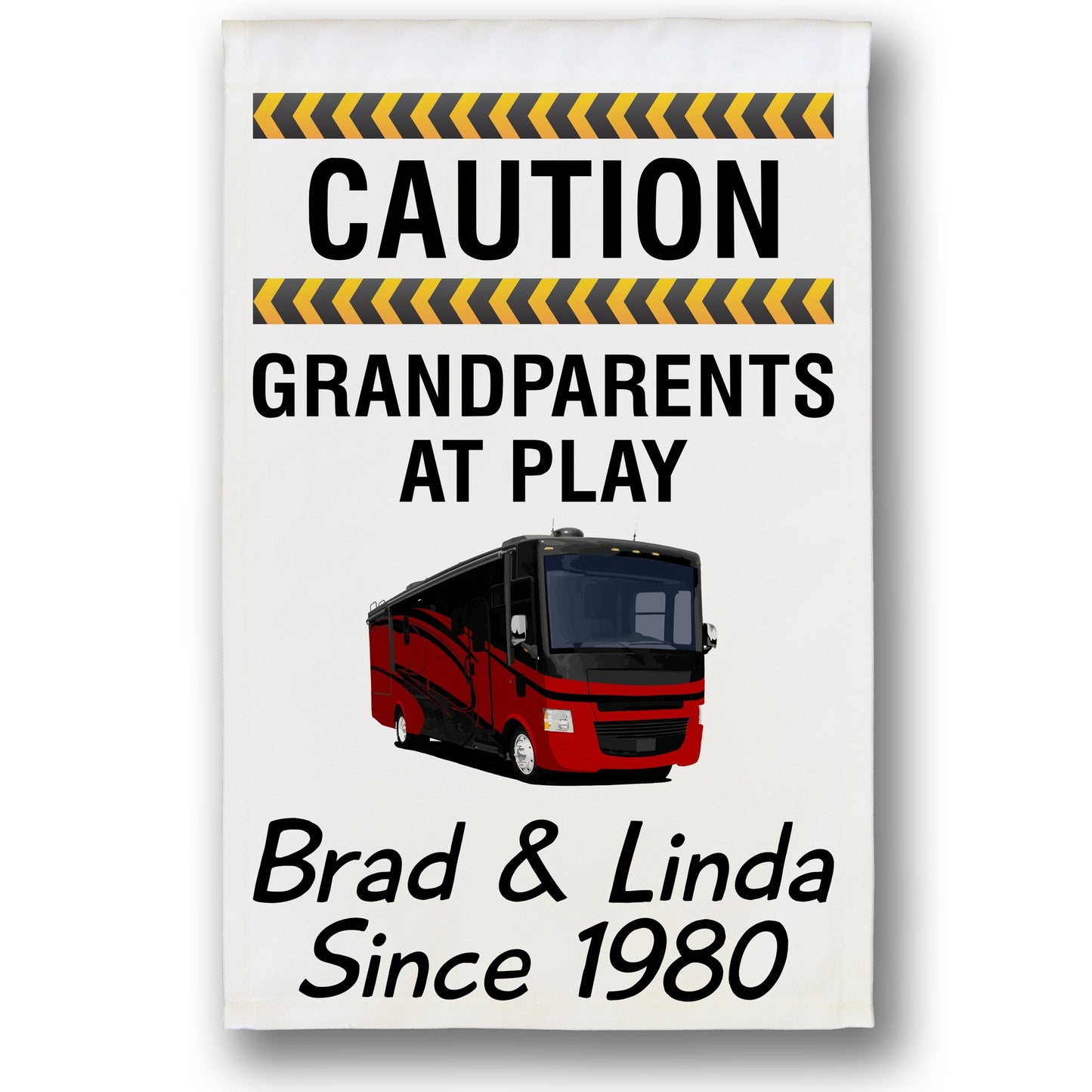 Caution Grandparents at Play Personalized Camping Flag with Class A Motorhome