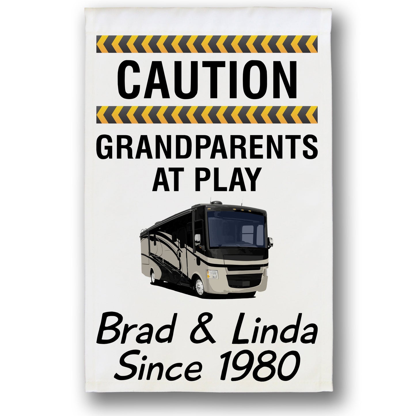 Caution Grandparents at Play Personalized Camping Flag with Class A Motorhome