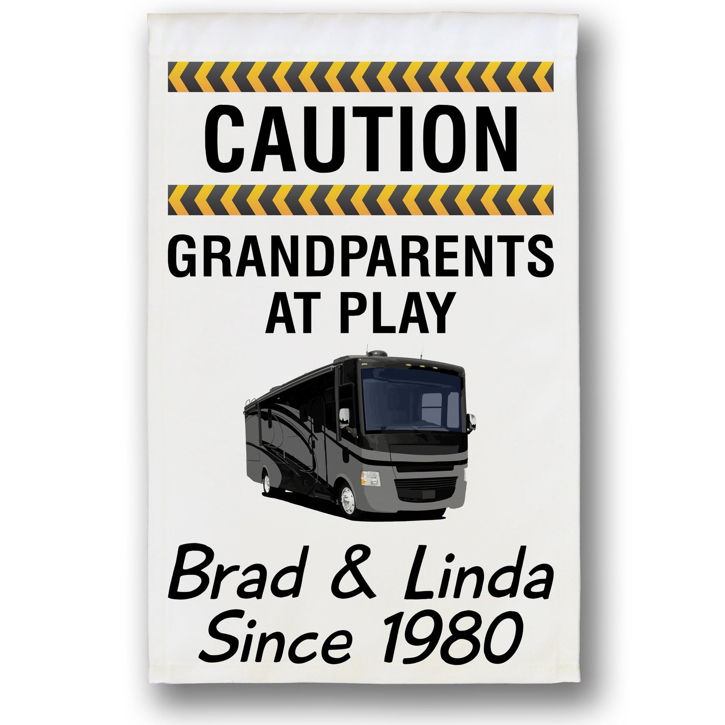 Caution Grandparents at Play Personalized Camping Flag with Class A Motorhome