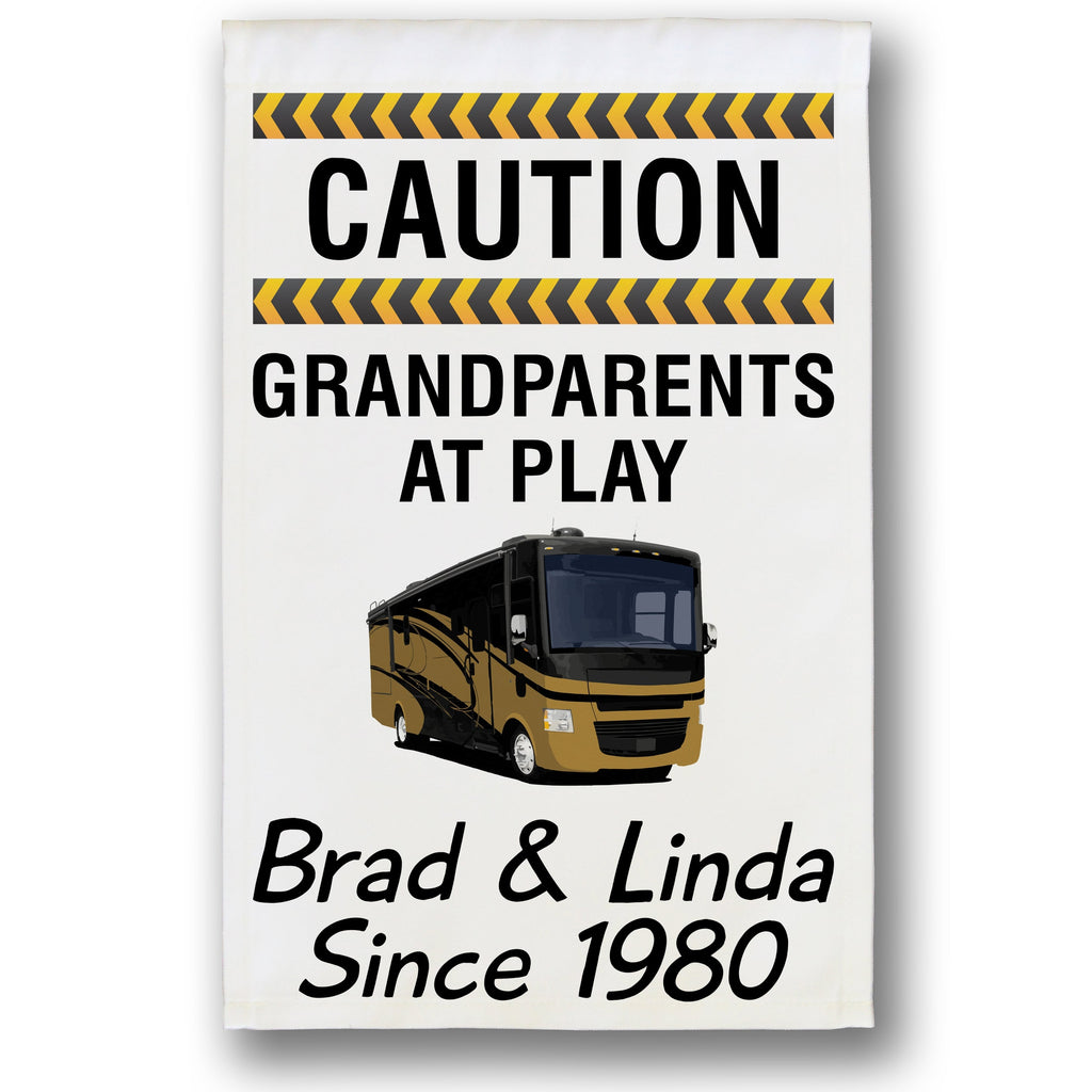 Caution Grandparents at Play Personalized Camping Flag with Class A Motorhome