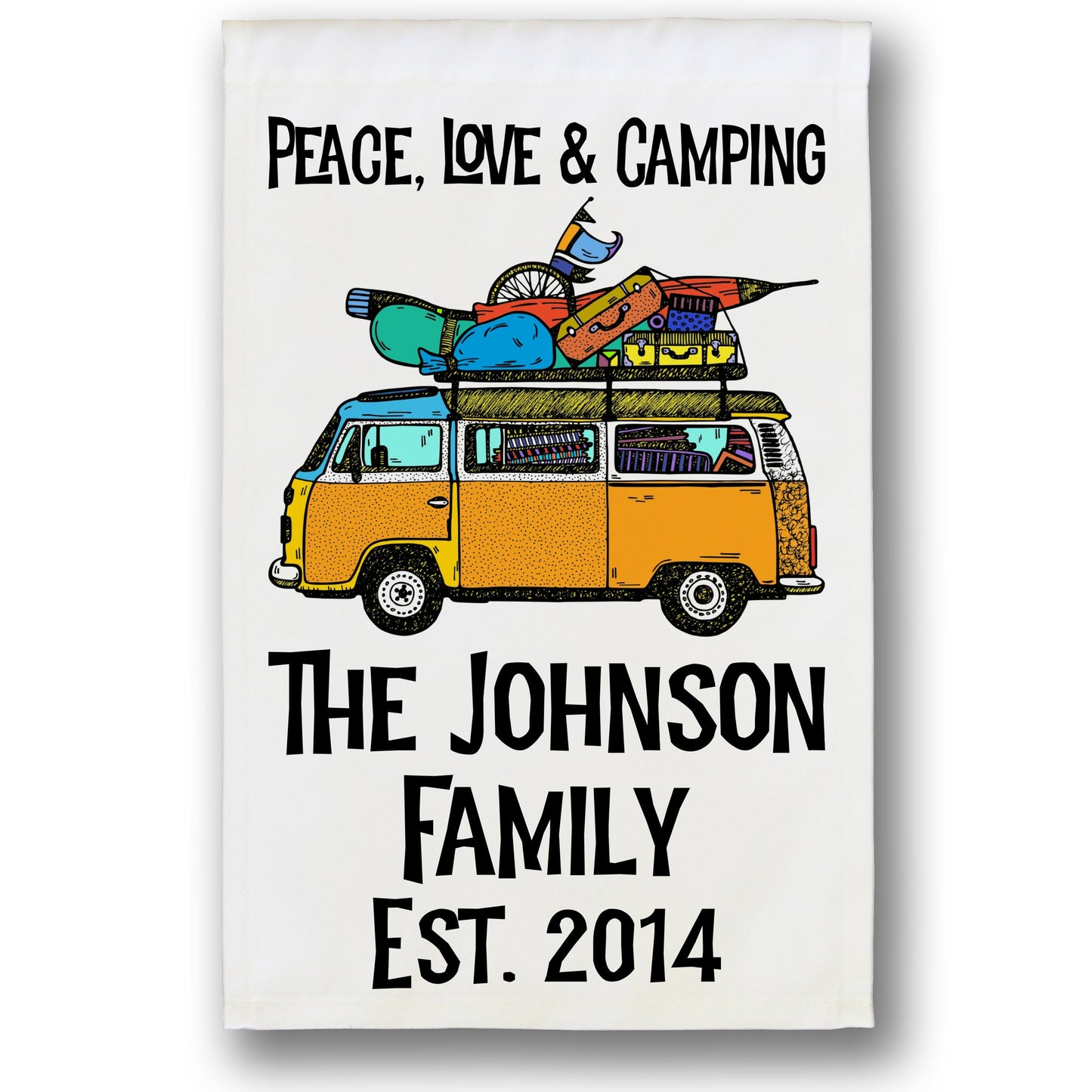 Peace, Love & Camping Personalized Camping Flag with Hippie Van