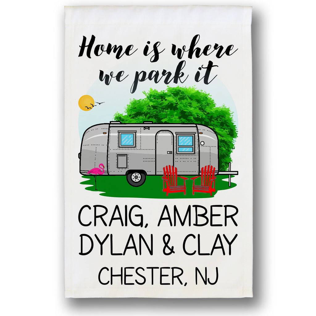 Home is Where We Park It Personalized Camping Flag With Airstream Trailer