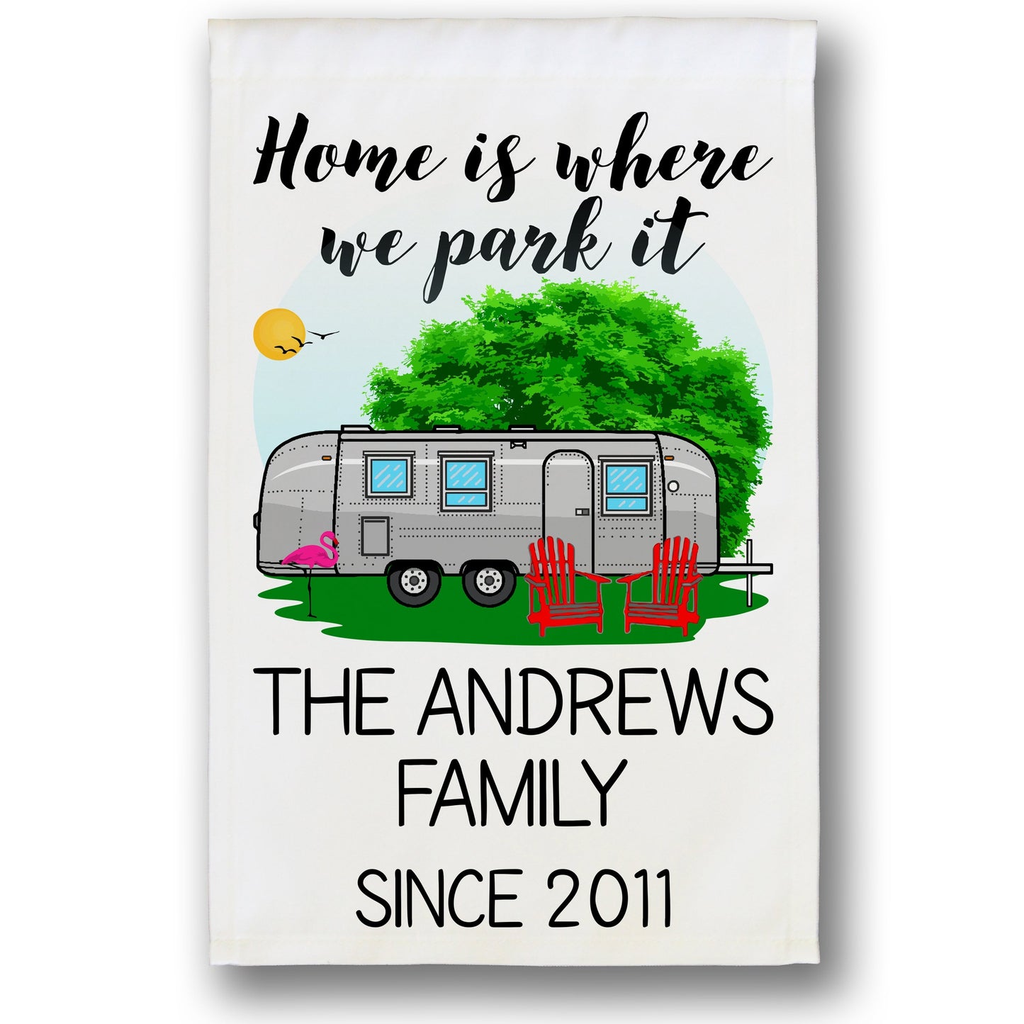 Home is Where We Park It Personalized Camping Flag With Airstream Trailer