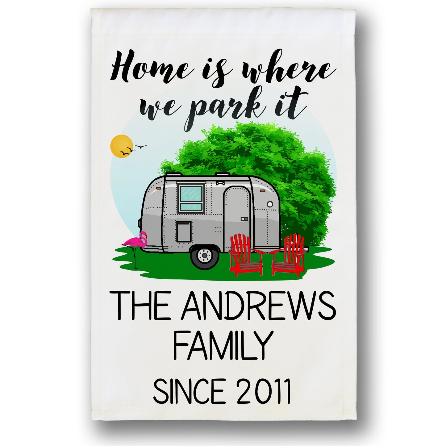 Home is Where We Park It Personalized Camping Flag With Airstream Trailer