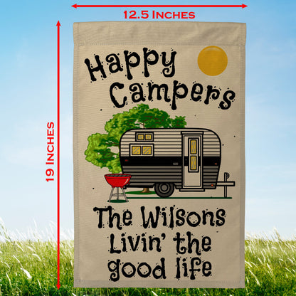 Happy Campers Personalized Camping Flag with Vintage Travel Trailer