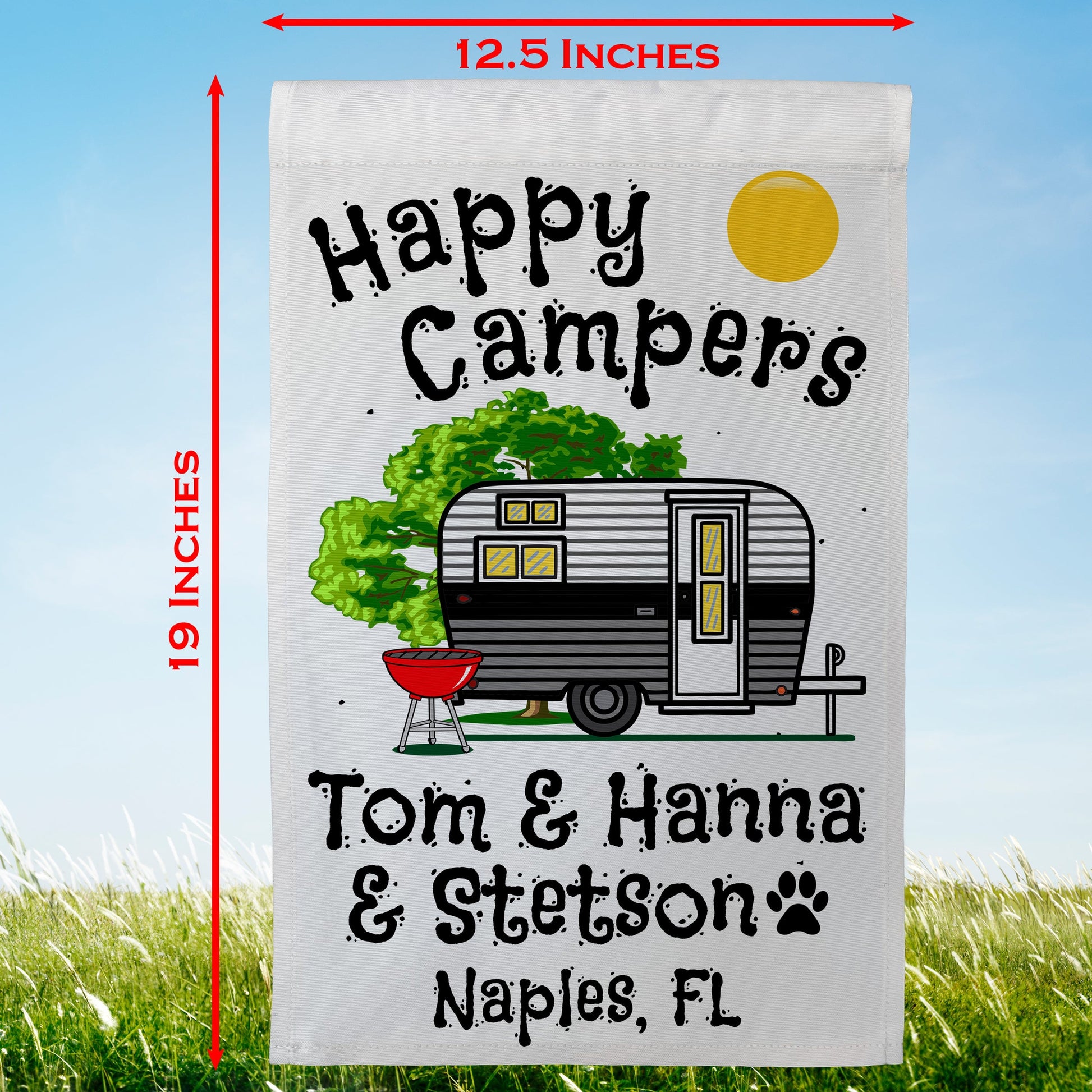 Happy Campers Personalized Camping Flag with Vintage Travel Trailer