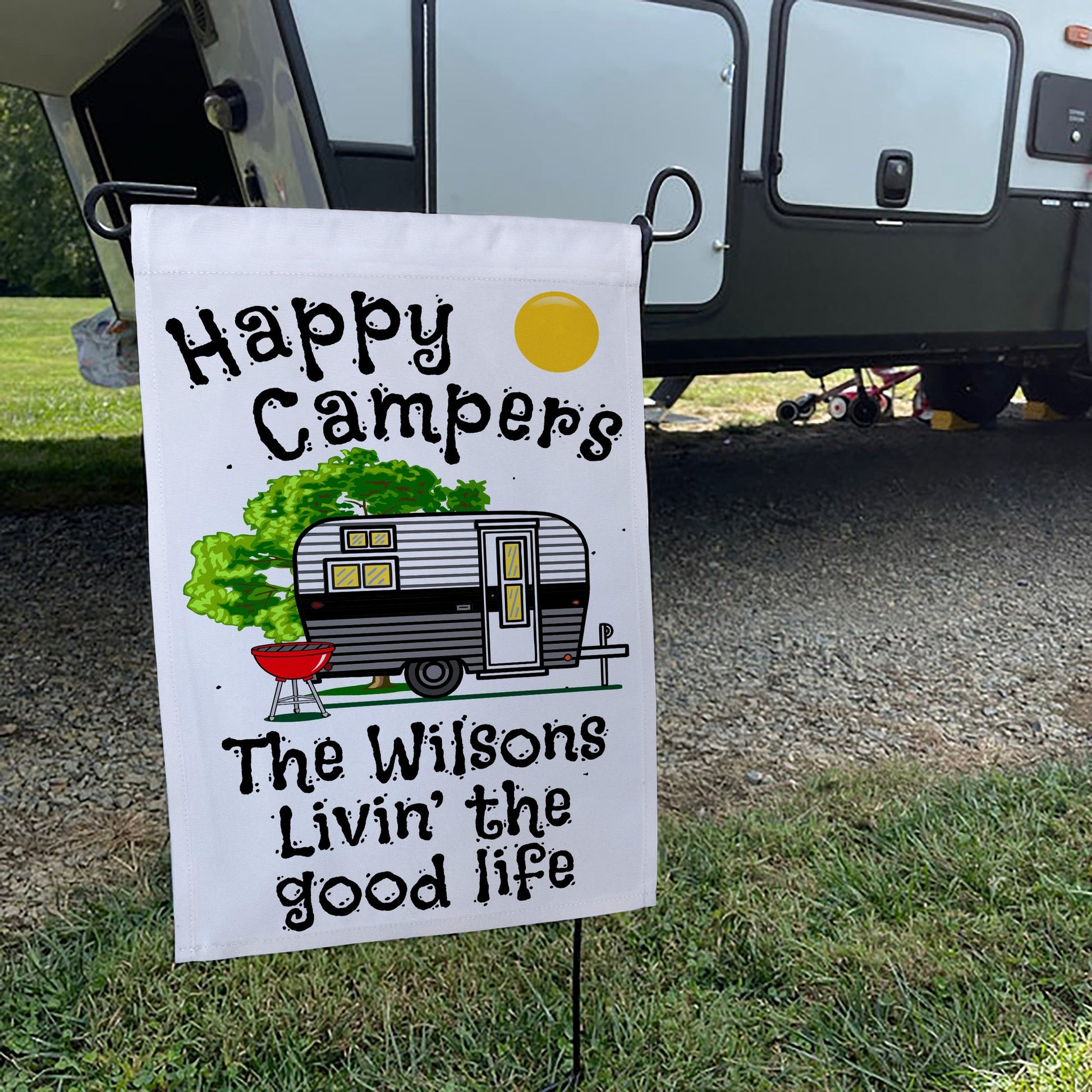 Happy Campers Personalized Camping Flag with Vintage Travel Trailer