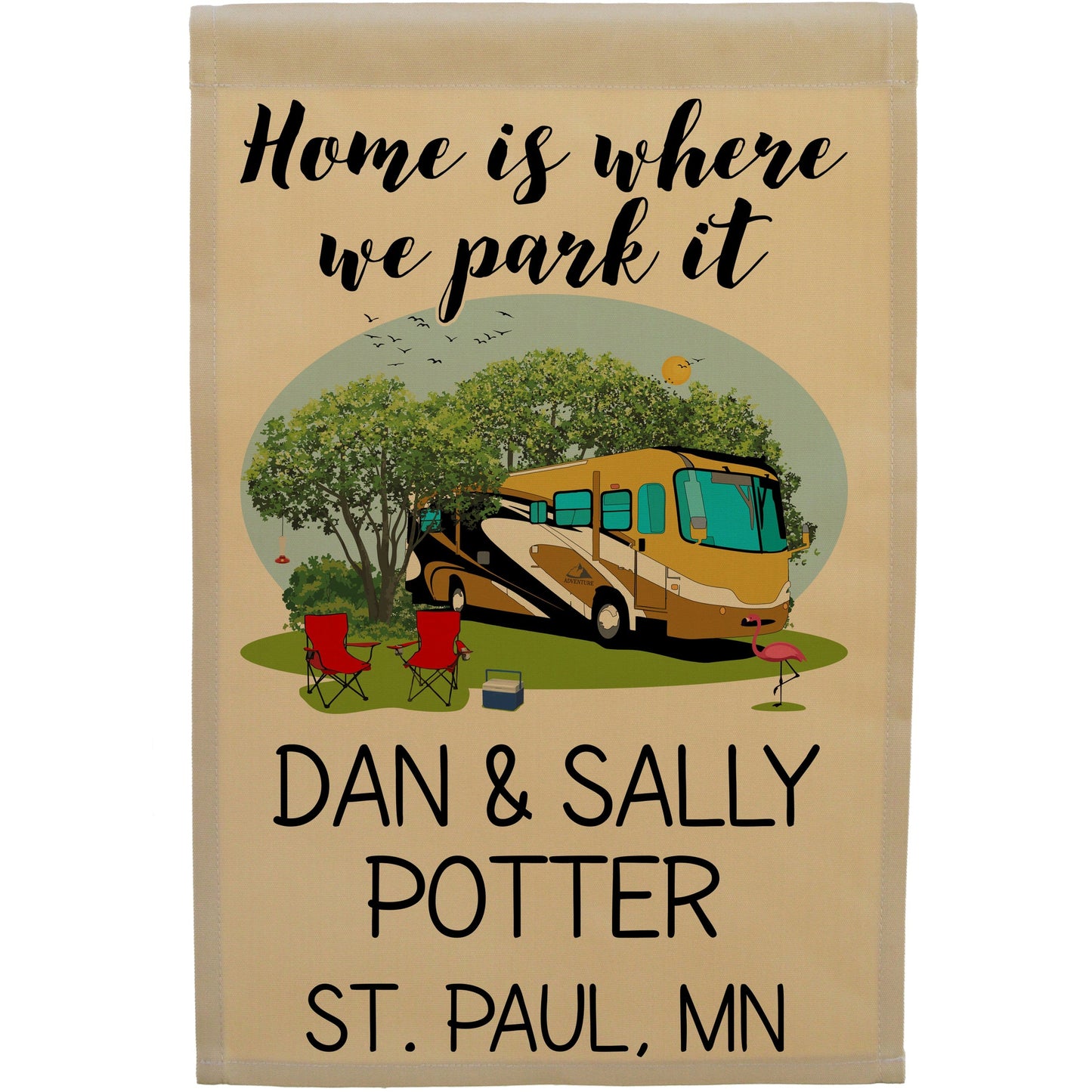 Home is Where We Park It Personalized Camping Flag with Class A Motorhome