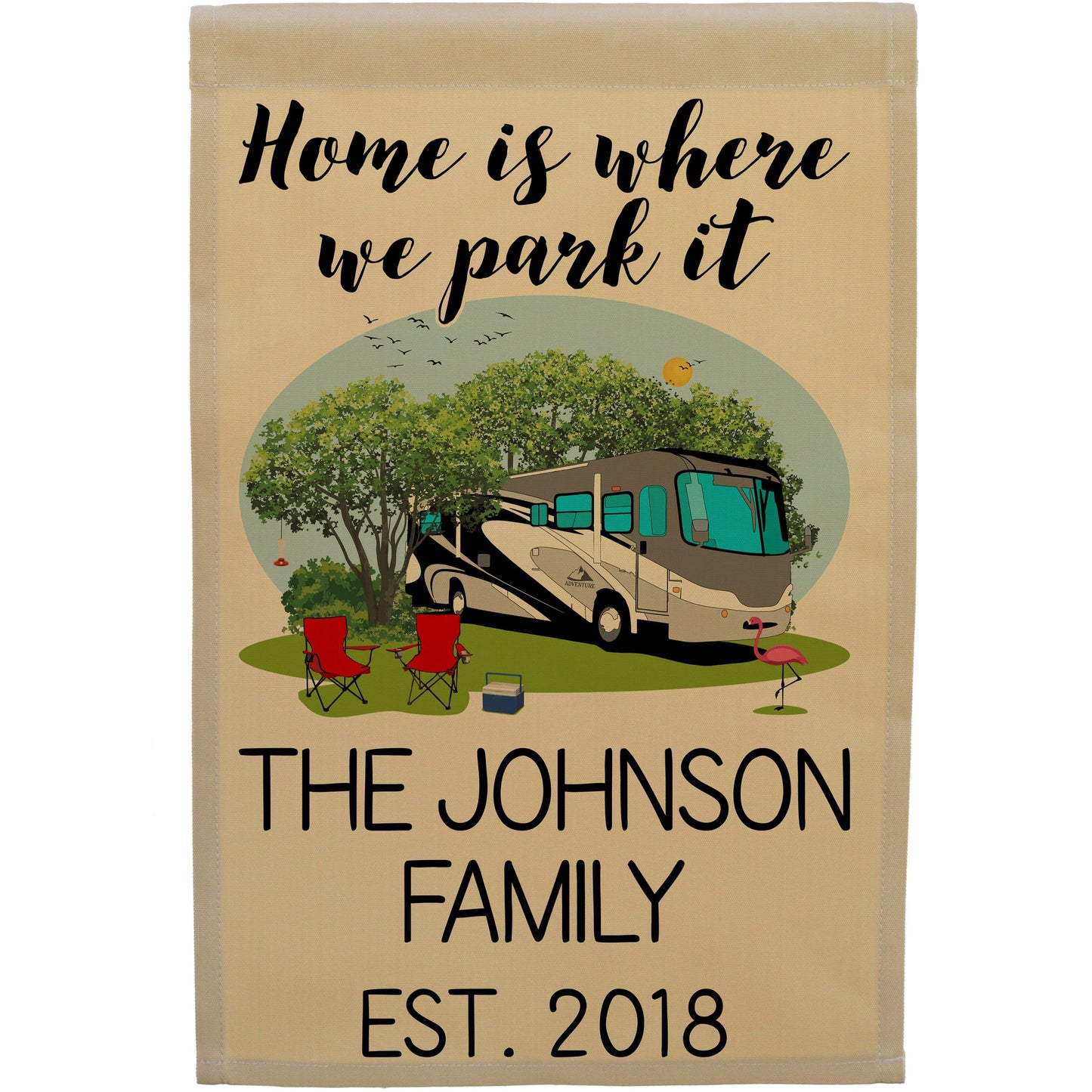 Home is Where We Park It Personalized Camping Flag with Class A Motorhome