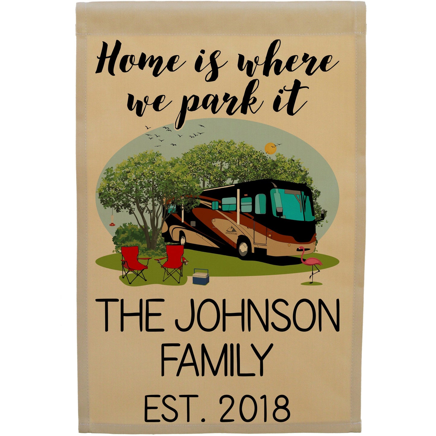 Home is Where We Park It Personalized Camping Flag with Class A Motorhome