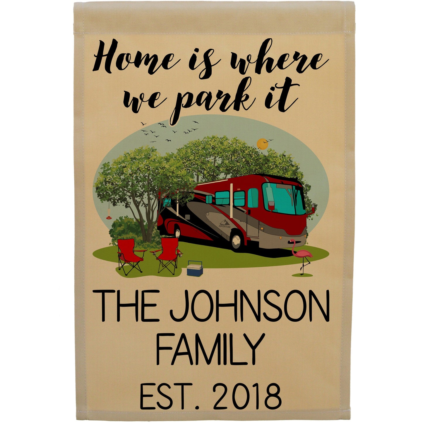 Home is Where We Park It Personalized Camping Flag with Class A Motorhome