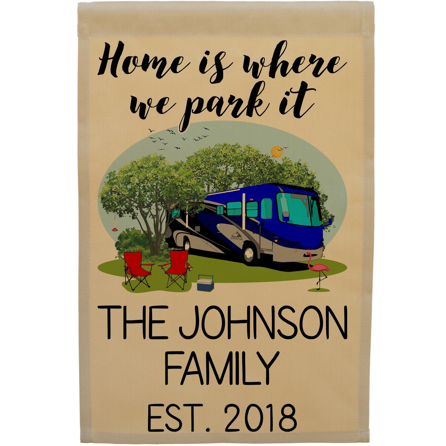 Home is Where We Park It Personalized Camping Flag with Class A Motorhome