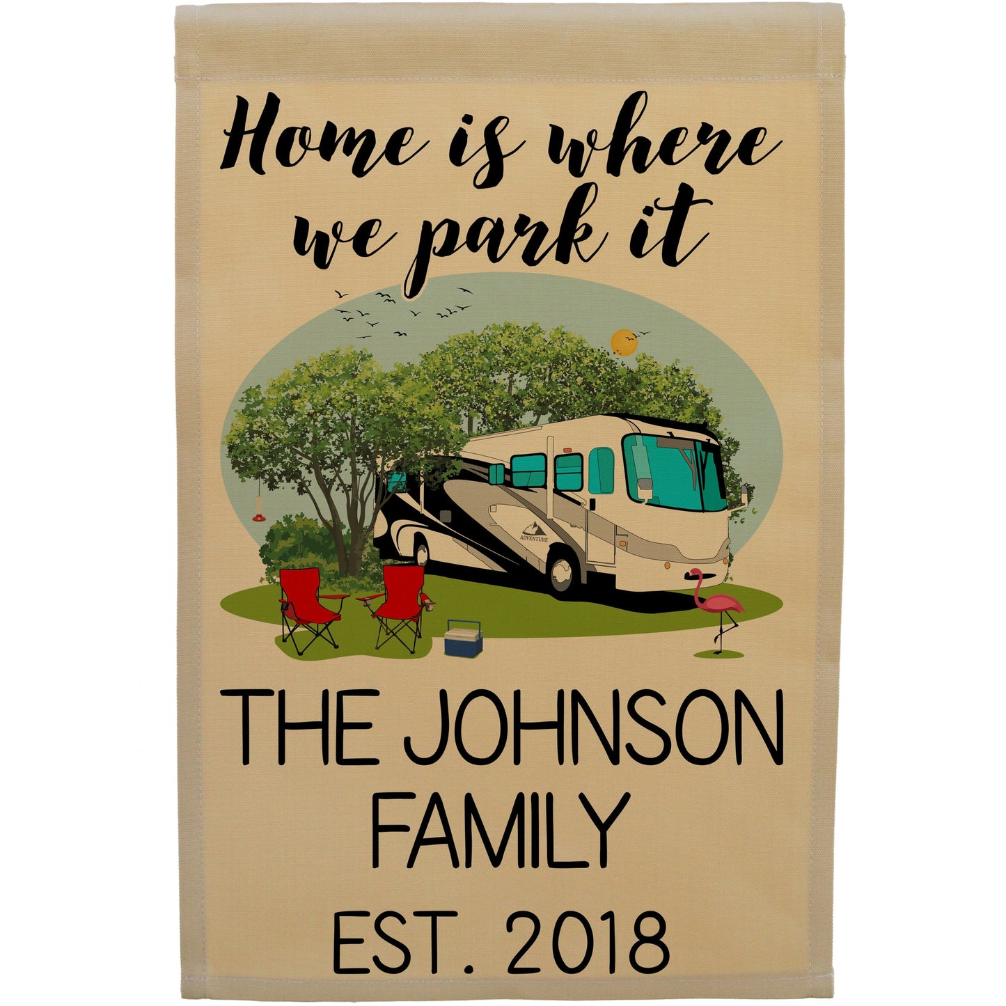 Home is Where We Park It Personalized Camping Flag with Class A Motorhome