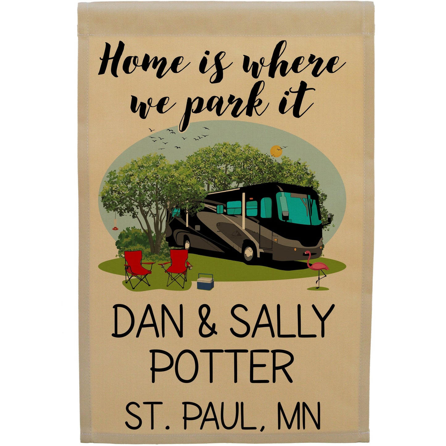 Home is Where We Park It Personalized Camping Flag with Class A Motorhome