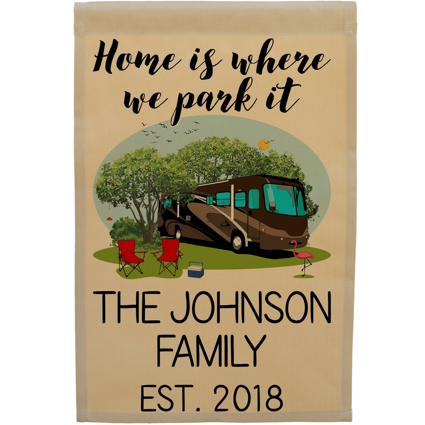 Home is Where We Park It Personalized Camping Flag with Class A Motorhome