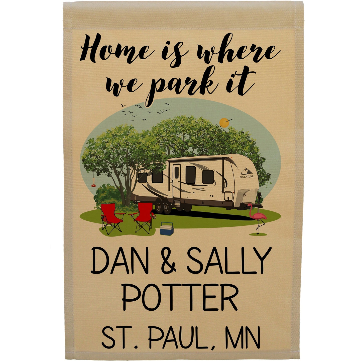 Home is Where We Park It Personalized Camping Flag with Travel Trailer