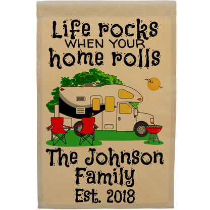 Life Rocks When Your Home Rolls Personalized Camping Flag with Class C Motorhome on Tan Fabric