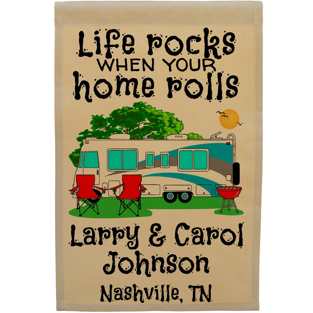 Life Rocks When Your Home Rolls Personalized Camping Flag with Class A Motorhome