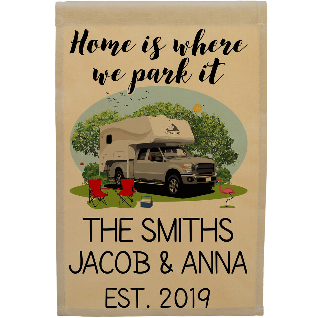 Home is Where We Park It Personalized Camping Flag with Truck and Camper