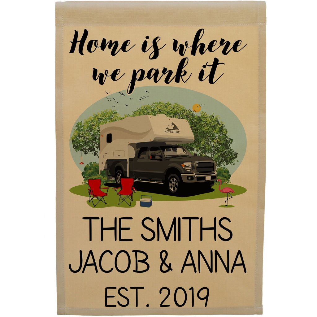 Home is Where We Park It Personalized Camping Flag with Truck and Camper