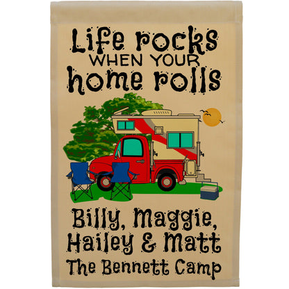 Life Rocks When Your Home Rolls Personalized Camping Flag with Truck and Camper on Tan Fabric