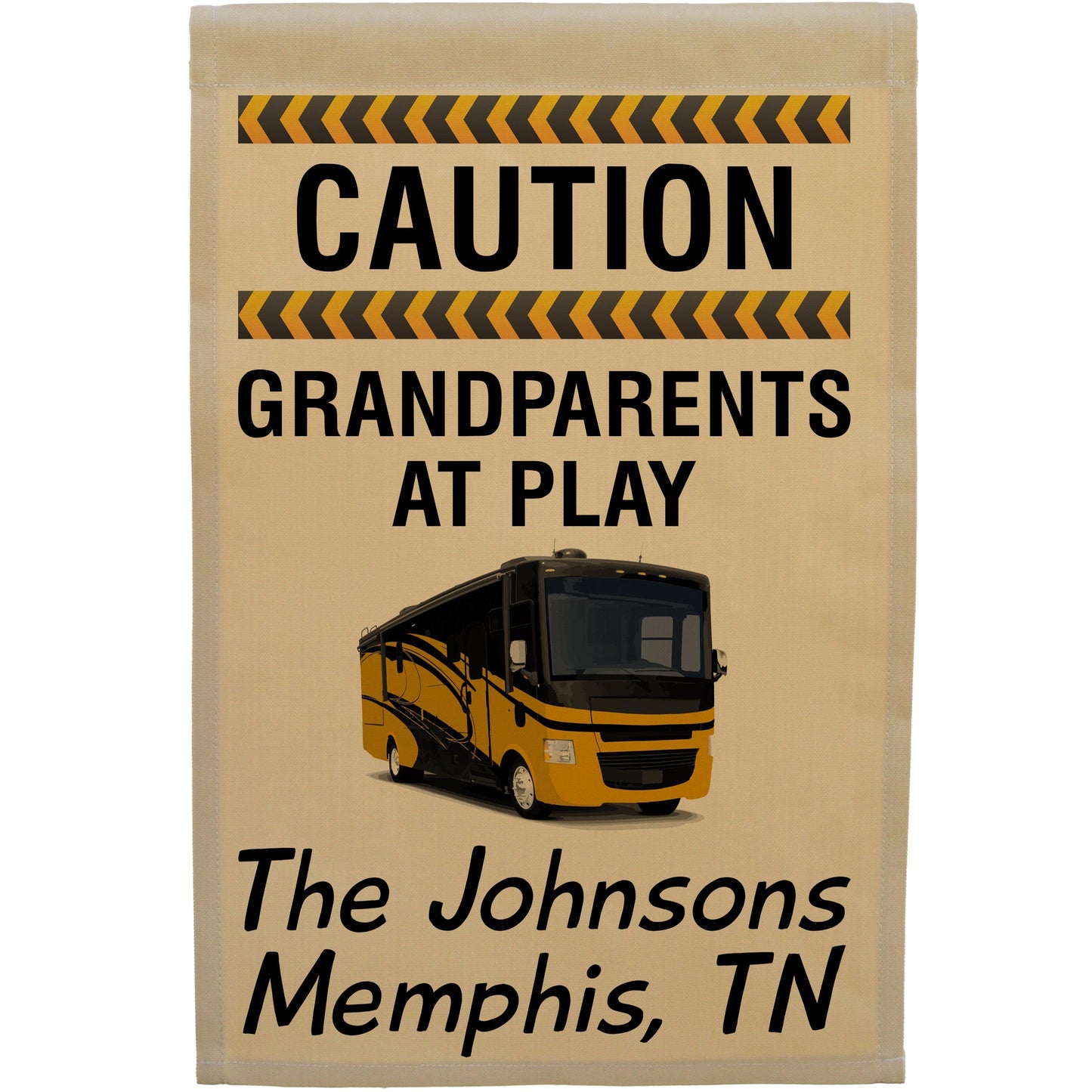 Caution Grandparents at Play Personalized Camping Flag with Class A Motorhome