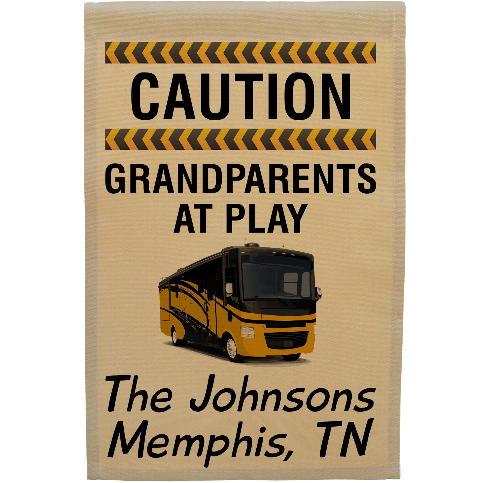 Caution Grandparents at Play Personalized Camping Flag with Class A Motorhome