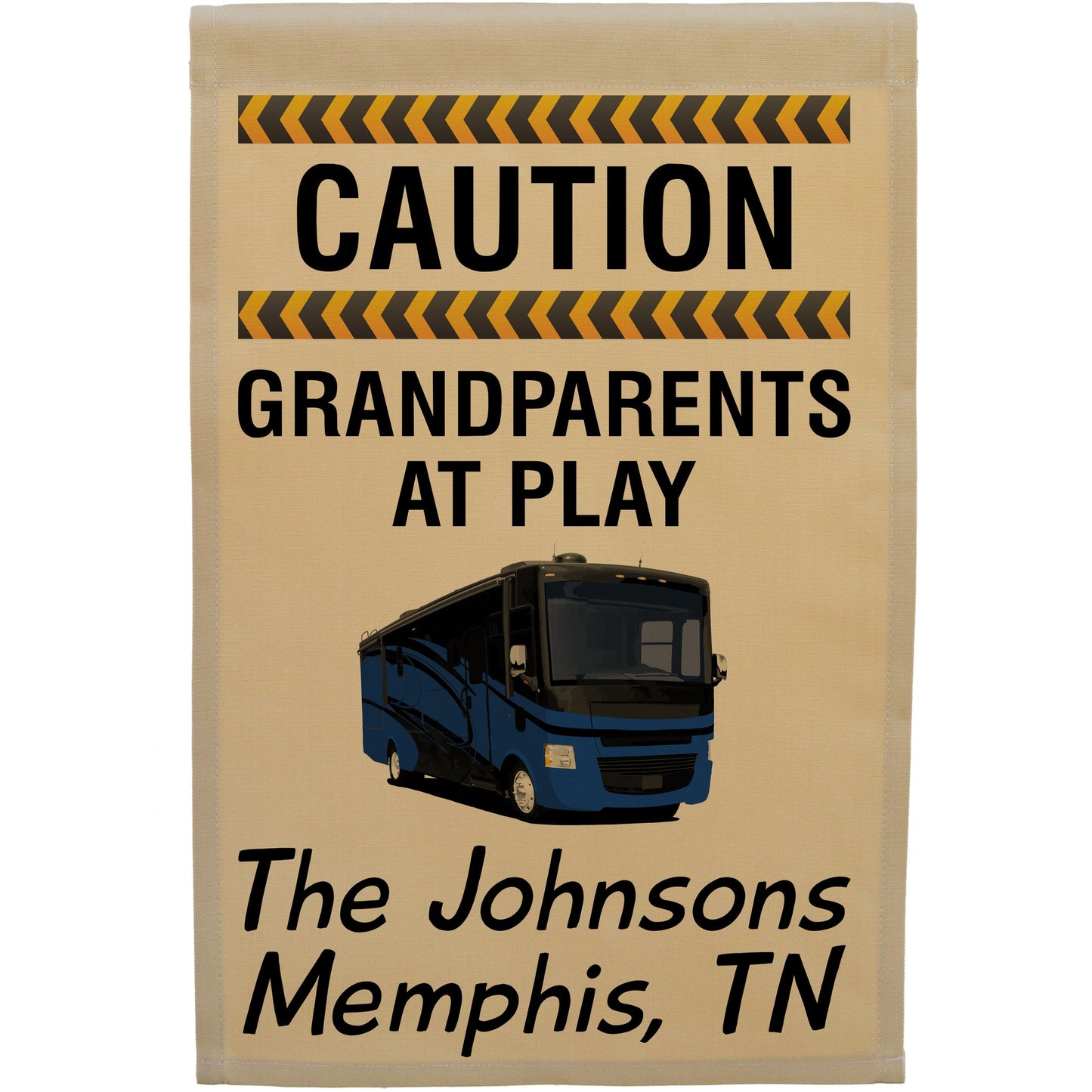 Caution Grandparents at Play Personalized Camping Flag with Class A Motorhome