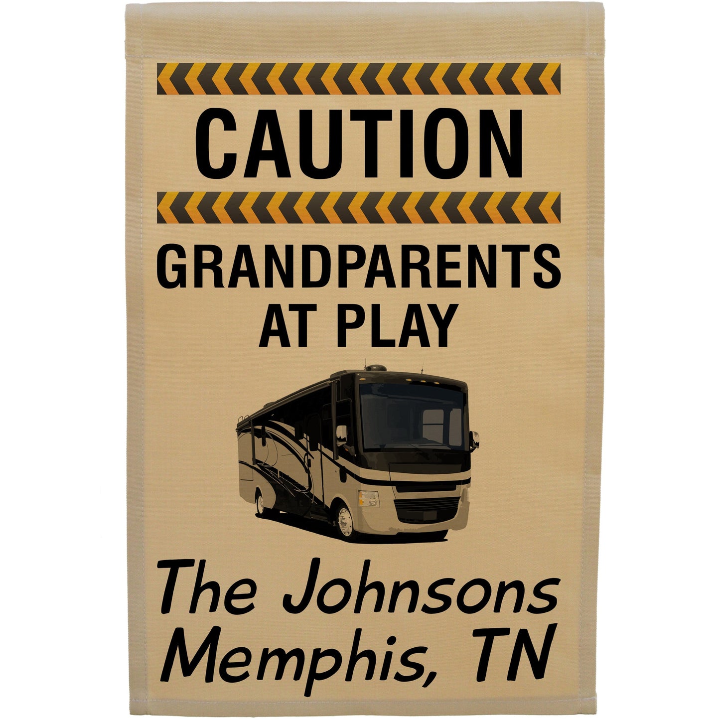 Caution Grandparents at Play Personalized Camping Flag with Class A Motorhome