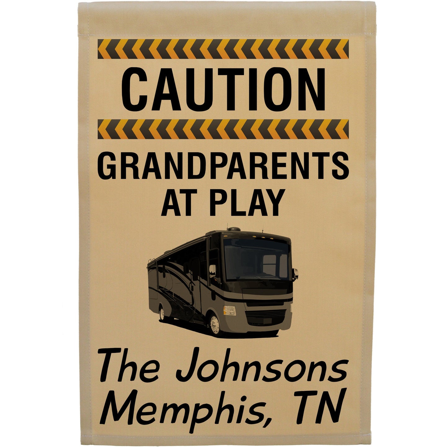 Caution Grandparents at Play Personalized Camping Flag with Class A Motorhome