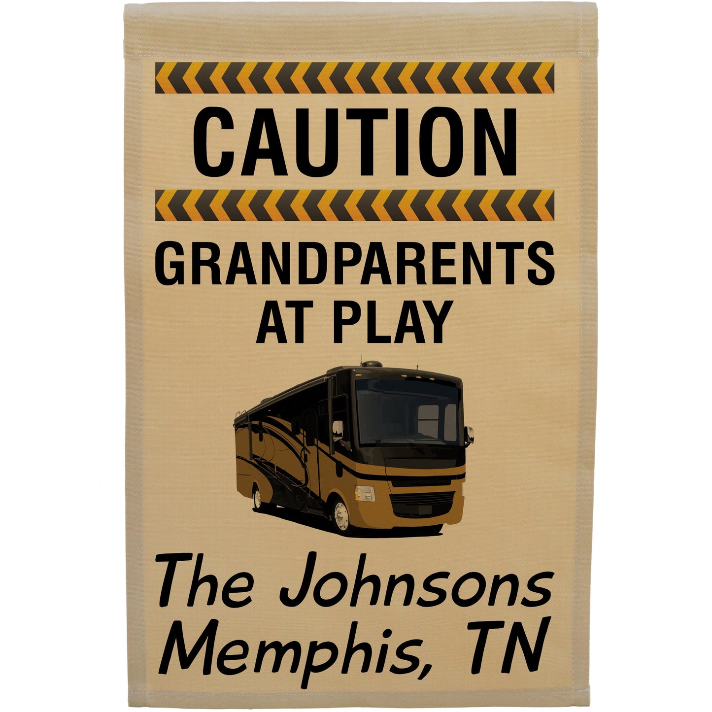 Caution Grandparents at Play Personalized Camping Flag with Class A Motorhome