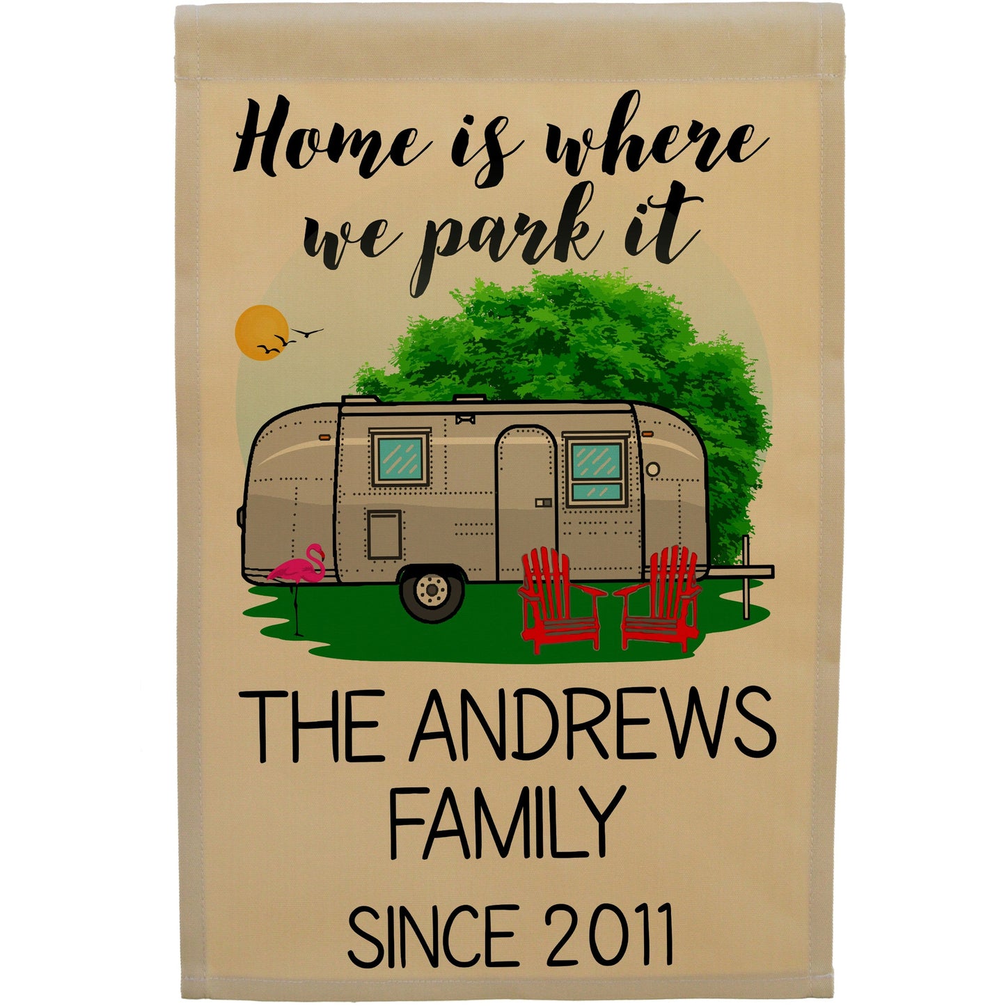 Home is Where We Park It Personalized Camping Flag With Airstream Trailer