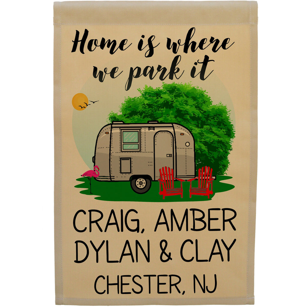 Home is Where We Park It Personalized Camping Flag With Airstream Trailer