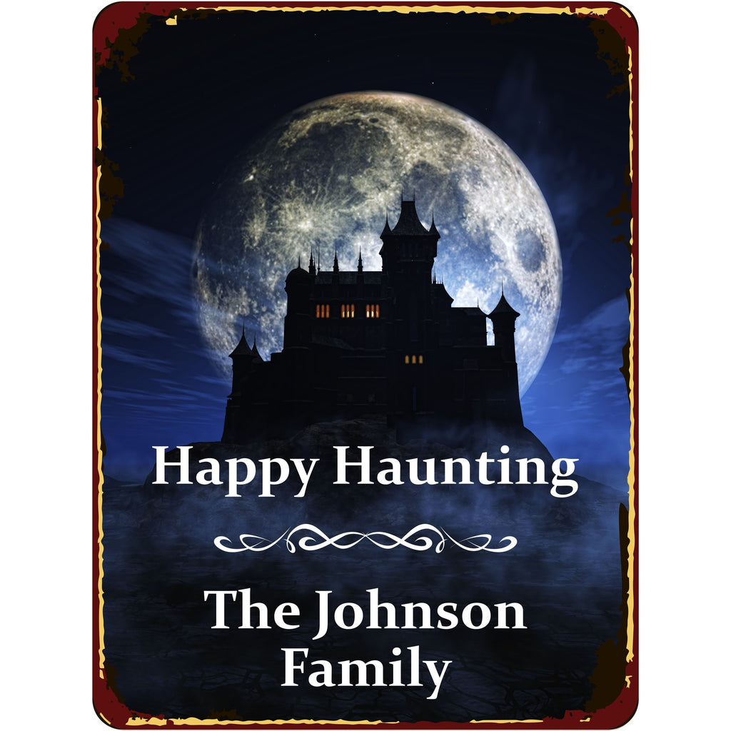 Happy Haunting Personalized Halloween Aluminum Sign With Mansion and Full Moon