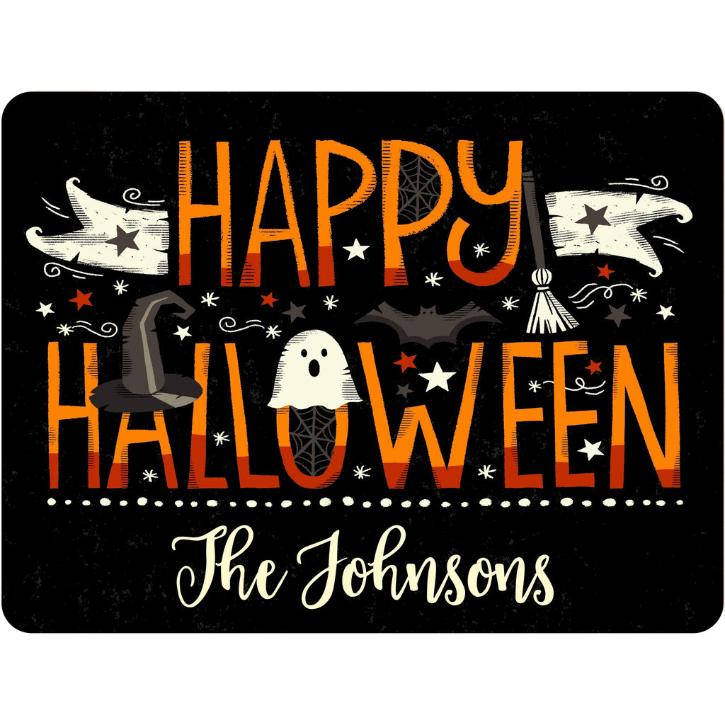 Happy Halloween Personalized Halloween Aluminum Sign With Ghost, Witch Hat, Bat, and Broomstick