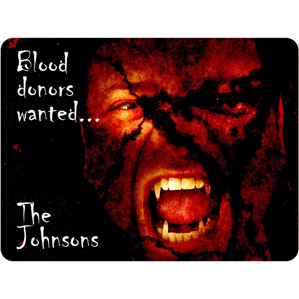 Blood Donors Wanted Personalized Halloween Aluminum Sign With Vampire and Decorative Vintage Look
