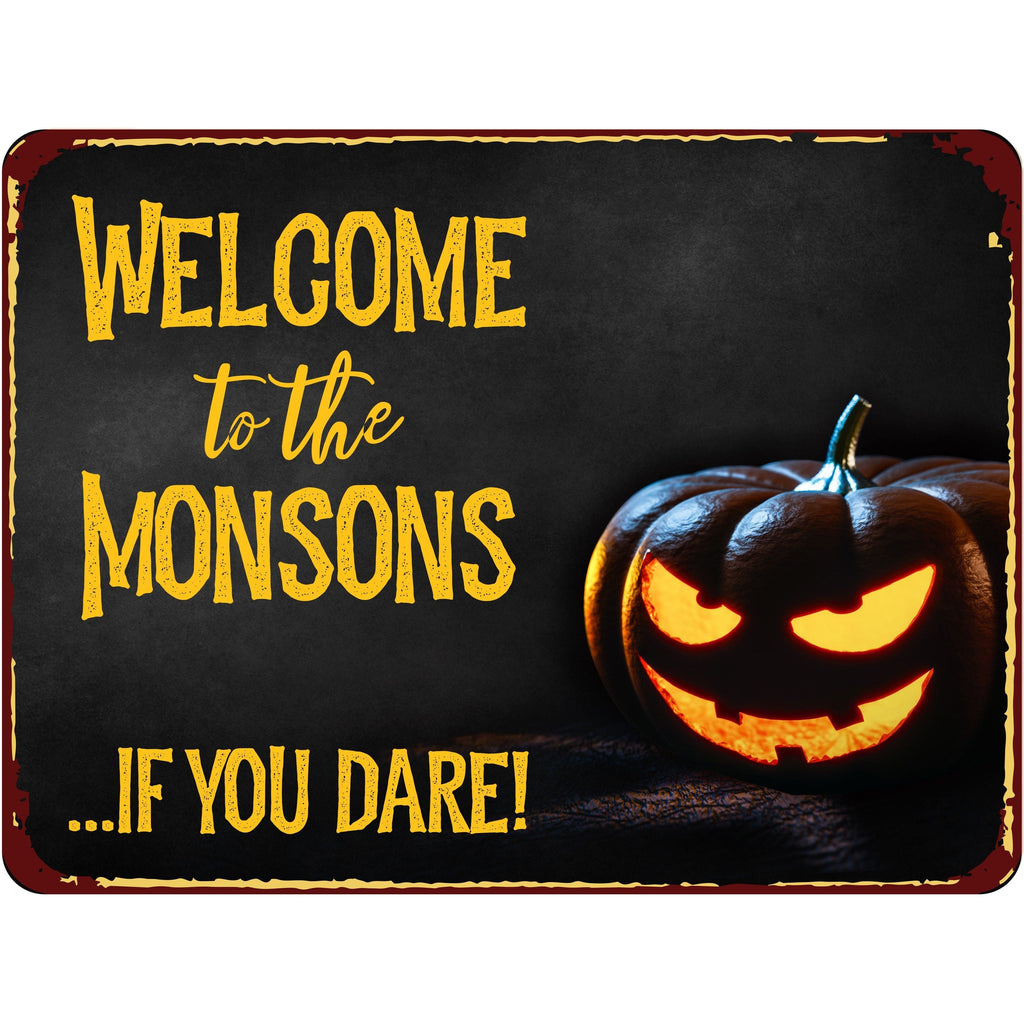 Welcome to the... If You Dare Personalized Halloween Aluminum Sign With Jack-O-Lantern and Decorative Vintage Look