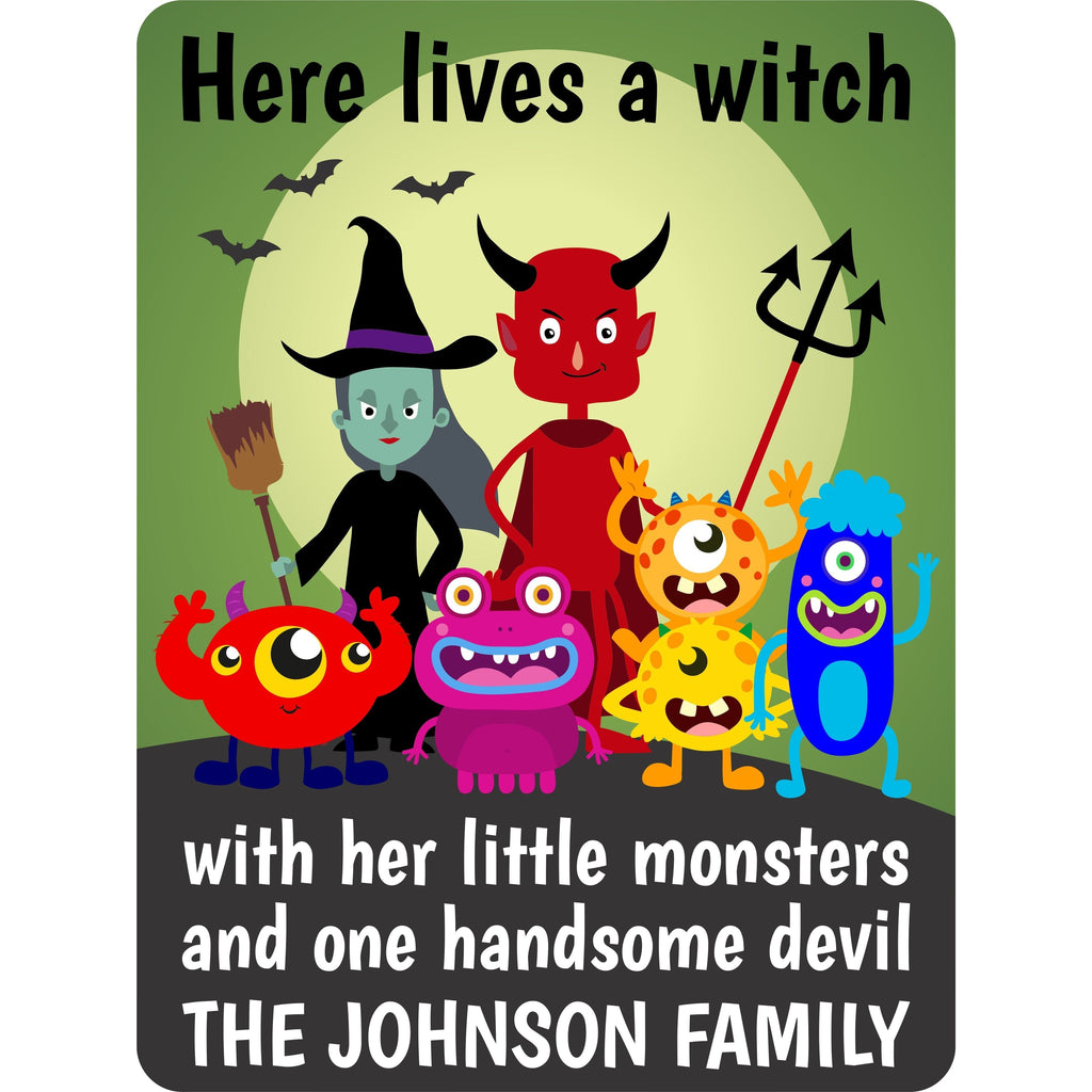 Here Lives a Witch Personalized Halloween Aluminum Sign With Witch, Devil, and Little Monsters and Decorative Halloween Look
